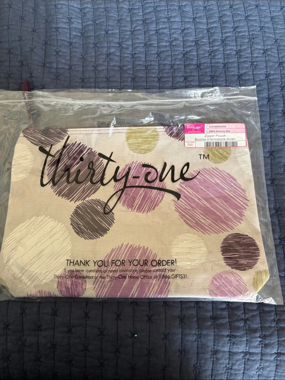 Thirty-One Gifts Polka Dot Zip Pouch Sketchy Dot Pattern White Purple Green Dots